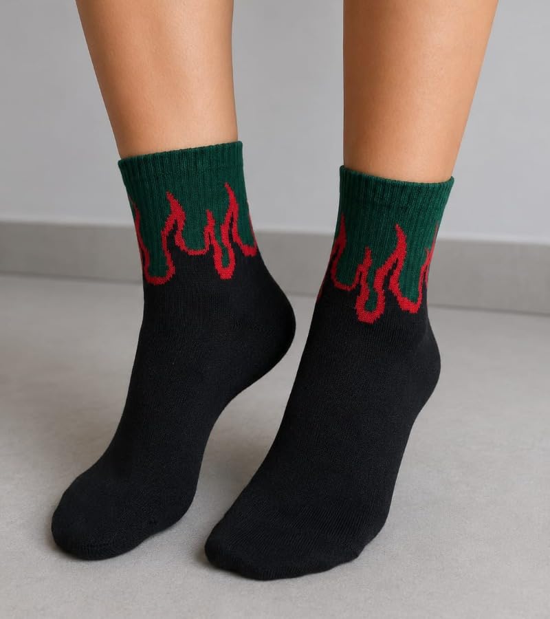Image of FIRE SOCKS Women Flame Socks Fashion Men Fire Print Crew Socks Breathable Cotton Casual for Fall Winter Sports