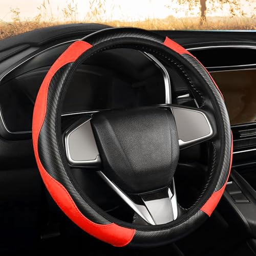 XNIVUIS Couvre Volant de Voiture en Cuir Microfibre Respirant et Antidérapant Imperméable, Accessoires de Volant Universels avec Un Diamètre de 37-38 cm pour la Plupart des Voitures (Rouge)