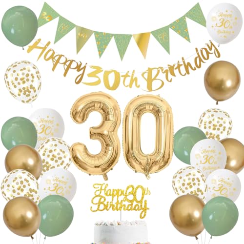 30th Birthday Decoration for Men and Women - Sage Green, White and Gold Balloons with 'Happy Birthday' Banner, Number 30 Balloon and Cake Topper for 30 Years Birthday Party Decoration (30)