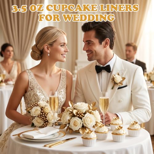 Image of 450 Pack White Gold Cupcake Liners Bulk Disposable Foil Muffin Cup