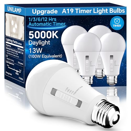UNILAMP Timer LED Light Bulbs (4-Pack), 2 Mode: Auto On/Off (1H/3H/6H/12H)&General E26 A19 Light Bulbs, 13W=100W Daylight 5000K, A19 Security Lighting for Porch, Garage