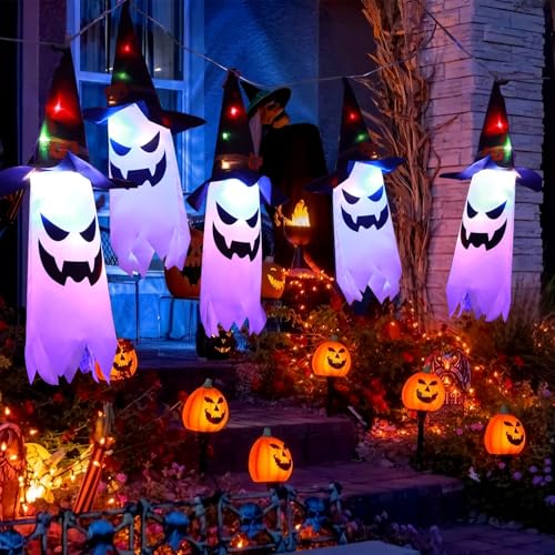 MWZEAUL Decoracion Halloween,5PCS Luces de Halloween Decoracion Fantasmas Colgantes,Con Gorro Brujas Halloween Decoracion,3m Luces Led Halloween Exterior Interior para Casa,Árbol,Porche,Patio,Jardín