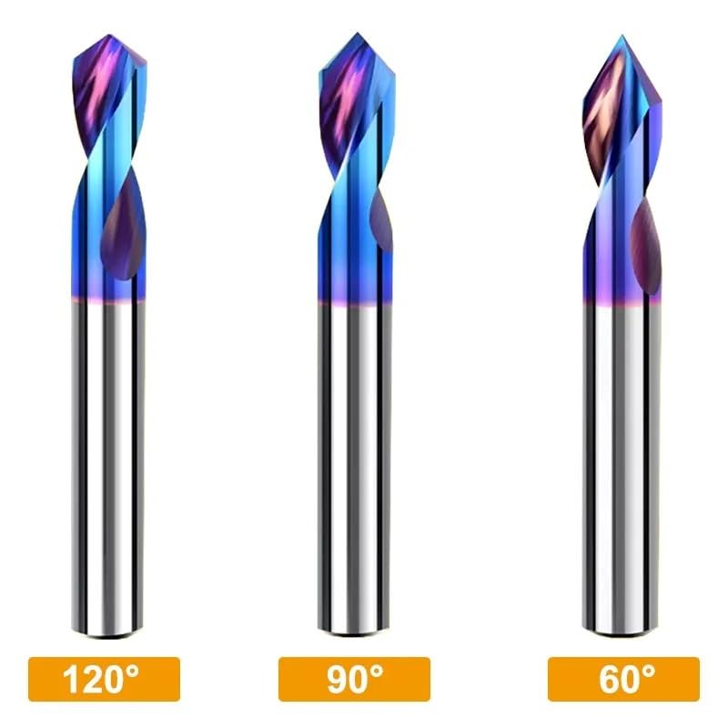 Broca de centrado acero tungsteno con recubrimiento nano azul HRC65, 60/90/120, biseladora central CNC, posición poro abierto(90-Degree,12x12Dx75L)