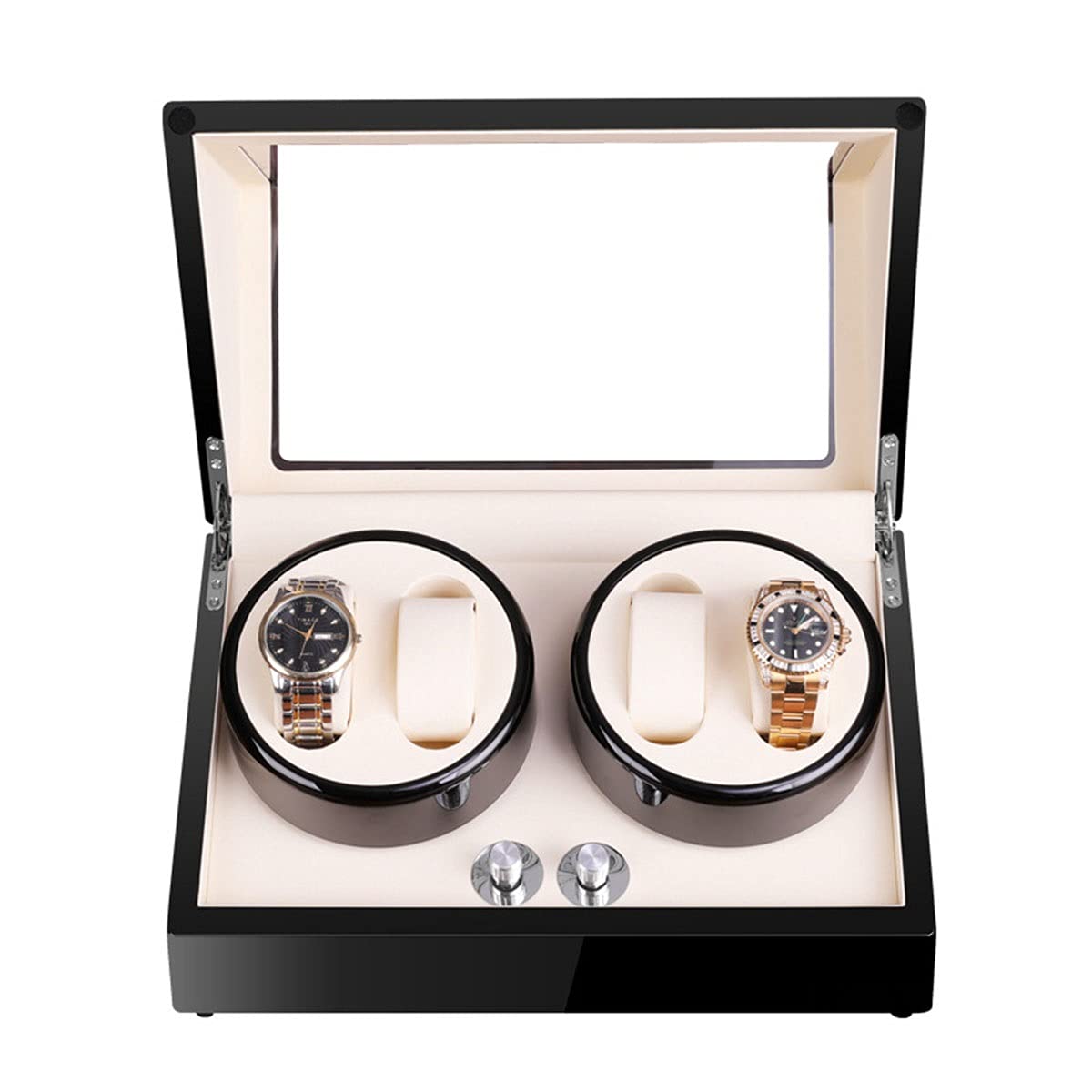 QUSYZD Watch Boxes 4 Watch Winders Box for Automatic Watches with Extremely Quiet Motor, Large Capacity, Adjustable Watch Pads,Blackwhite-A