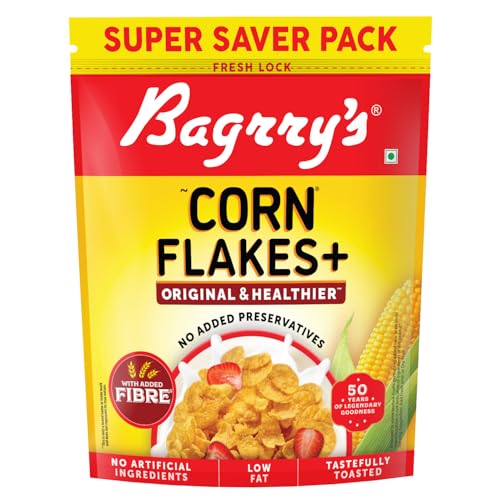 Bagrry’s Corn Flakes+ Original & Healthier 800g | Added Fibre | Prebiotic Breakfast Cereal | Golden Corn | Low Fat | Toasted & Crunchy Corn Flakes | N