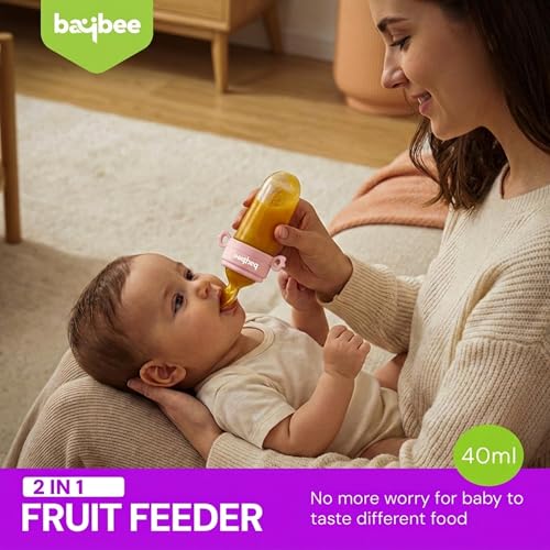 Image of Baybee 2-in-1 Silicone Baby Fruit Feeder & Food Feeder | Baby Pacifier with Anti-Choking Pouch & Squeeze Spoon | BPA Free Extra Soft Fruit Nibbler & Teethers for 6 to 12 Months Babies (Pink)