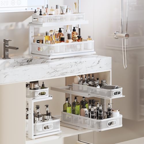 Image of 2 Pack 21IN-Depth Under Sink Organizer With Next-Gen Ball-Bearing Slides,2-Tier Precision Mesh Pull Out Cabinet Storage for Bathroom&Kitchen,Height Adjustable Drawers Shelf,Anti-rust-White