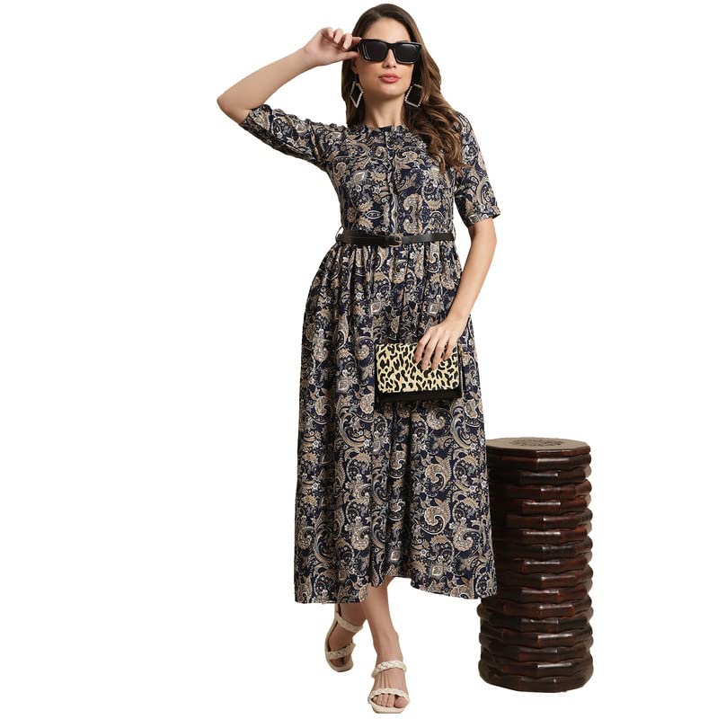 Preneum Girls's Georgette Floral Printed 3/4 Slevees A-Line Fit & Flare Gown With Belt, Navy Blue, Xl