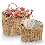 Set of 2 Wicker Hanging Basket for Organizing, Front Door, Mail, Flowers - Woven Wall Baskets for Storage (Hyacinth Natural – Solid Weave)