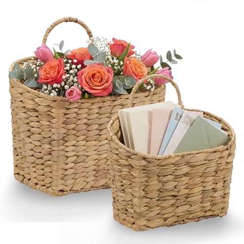 Set of 2 Wicker Hanging Basket for Organizing, Front Door, Mail, Flowers - Woven Wall Baskets for Storage (Hyacinth Natural – Solid Weave)