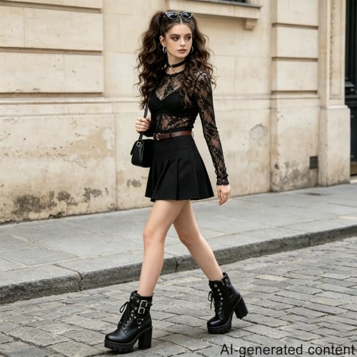 Image of MEOTINA Goth Women Platform High Heel Boots Buckle Combat Ankle Booties | Features edgy gothic steampunk rave emo sexy cosplay styling, designed with thick heel, buckle, studded ,lace up and zipper