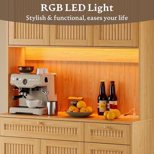 Image of BORNOON Pantry Cabinet with Charging Station and Light, Tall Kitchen Pantry Storage Cabinet with Microwave Stand, Wide Fluted Kitchen Hutch with Storage Drawers and Adjustable Shelves for Dining Room