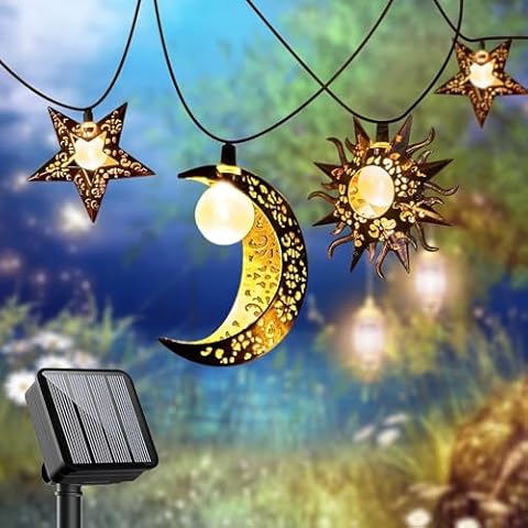 Solar String Lights Outdoor Star Moon Sun 13Ft 153In Led Solar Powered Fairy Decorative Lights for Garden Patio Yard Trees Mothers Day Gifts Wedding Party (Warm White) (Star Moon Sun String Lights) Cover