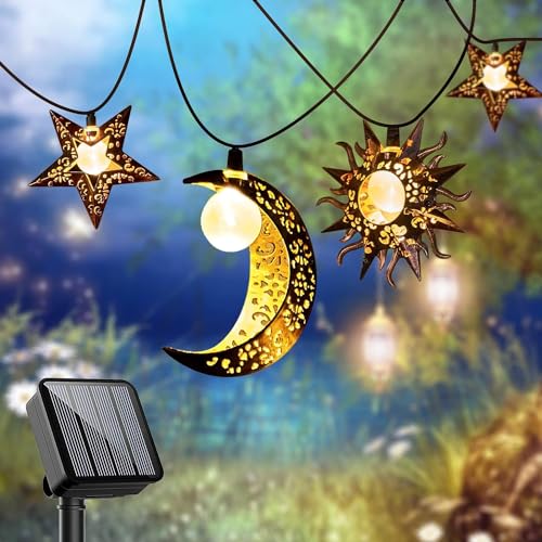 Beautyard Solar String Lights Outdoor Star Moon Sun 13Ft 153In Led Solar Powered Decorative Lights for Garden Patio Yard Trees Mothers Birthday Gifts Party (Warm White) (Star Moon Sun String Lights)