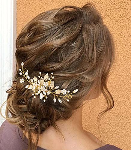 JEAIRTS Crystal Hair Comb Gold Bridal Pearl Headpiece Wedding Hair Accessories for Women