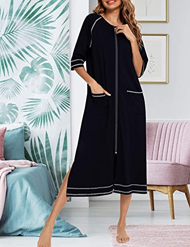 Image of Veseacky Women Robe Zipper Front House Coat 3 /4 Sleeve Nightgown Full Length Ladies Lounge Dress with Pockets S-XXL