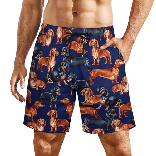 Dachshund Dog Print Blue Men's Beach Shorts with Compression Lining, Quick Dry Stretch Swimsuit2
