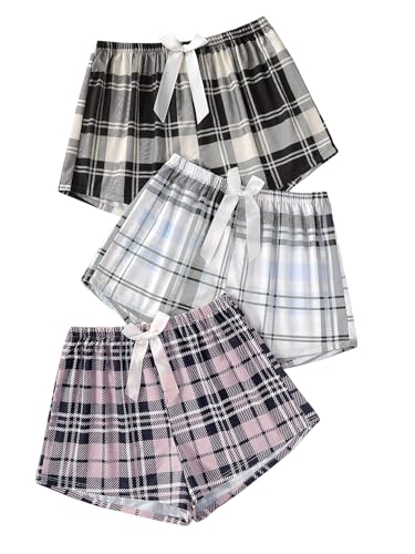 Image of WDIRARA Women's 3 Pack Plaid Letter Graphic Pajama Shorts Lounge Shorts | Elastic Waist ,Comfortable,Home Living,Sleepwear