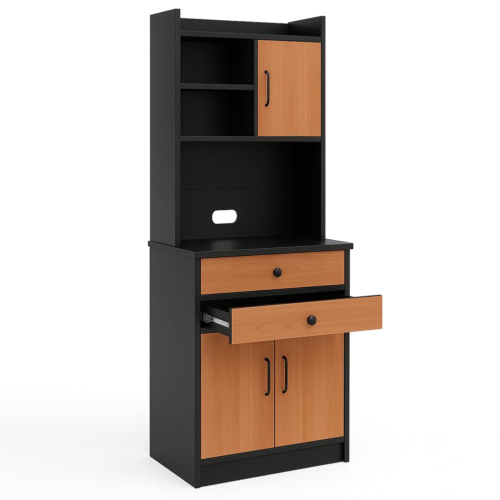 BAKAJI Armadio da Cucina Alto Multiuso, Credenza Mobile da Soggiorno, Sala da Pranzo, Salvaspazio, Sistema di Sicurezza, Mobiletto Dispensa con 2 Ante e 1 Cassetto, 55 x 40 x 180 cm (Nero e Quercia)