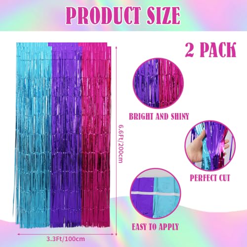 Image of TONIFUL 2Pcs Blue Purple Pink Metallic Tinsel Foil Fringe Curtain Streamer | 3.3ftx6.6ft Photo Booth Backdrop Door Streamer for Sweet 16 Baby Shower Easter Princess Themed Birthday Party Decorations