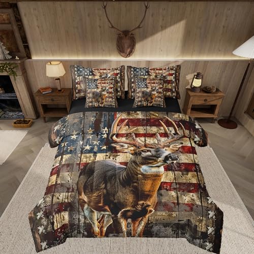 Feelyou Deer Hunting Comforter Set with Sheets American Flag 7 Piece Bedding Set Queen Size for Kids Boys Girls Wild Animal Deer Bed in a Bag Soft Down Bedding Comforters