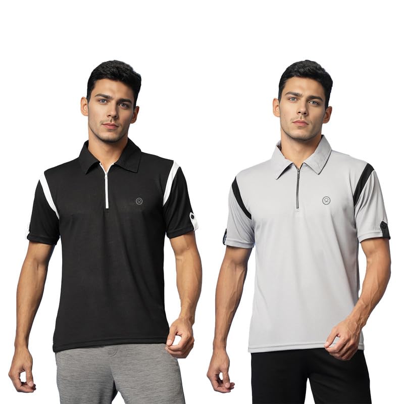Image of CHKOKKO Gym Tshirt for Men Workout Activewear Man T-Shirts Polo Neck Zipper Regular Fit Half Sleeves for Sports Running Yoga Training Activities