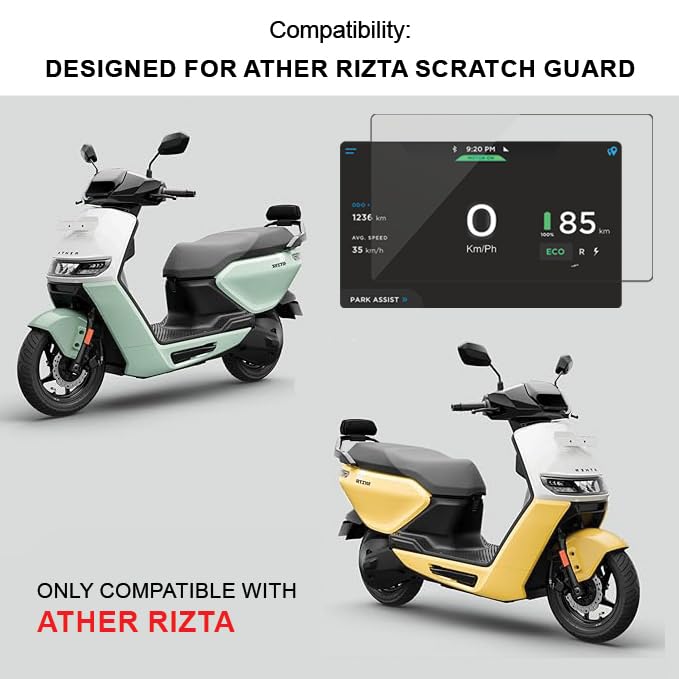 Image of OHAYO 9H Military Strength Display Screen Protector for Ather Rizta Electric Scooter | Not Tempered Glass | Ultra HD Clear Display Guard | Edge-to-Edge Coverage | Scratch Resistant, Tough Protection | Bubble-Free Installation | Durable Car-Style Display Protection Film for Ather Rizta Dashboard Screen