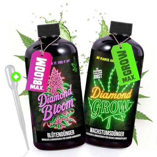 Natura Germania® Cannabis Dünger 1 LT - Pflanzendünger - Wurzelaktivator - Grow, Blüte, Blühdünger 15 Diamond Buds® NPK Flüssigdünger Set – Pflanzennahrung für Wachstums- und Blütephase | Für Indoor- & Outdoor-Pflanzen | Hochkonzentriert