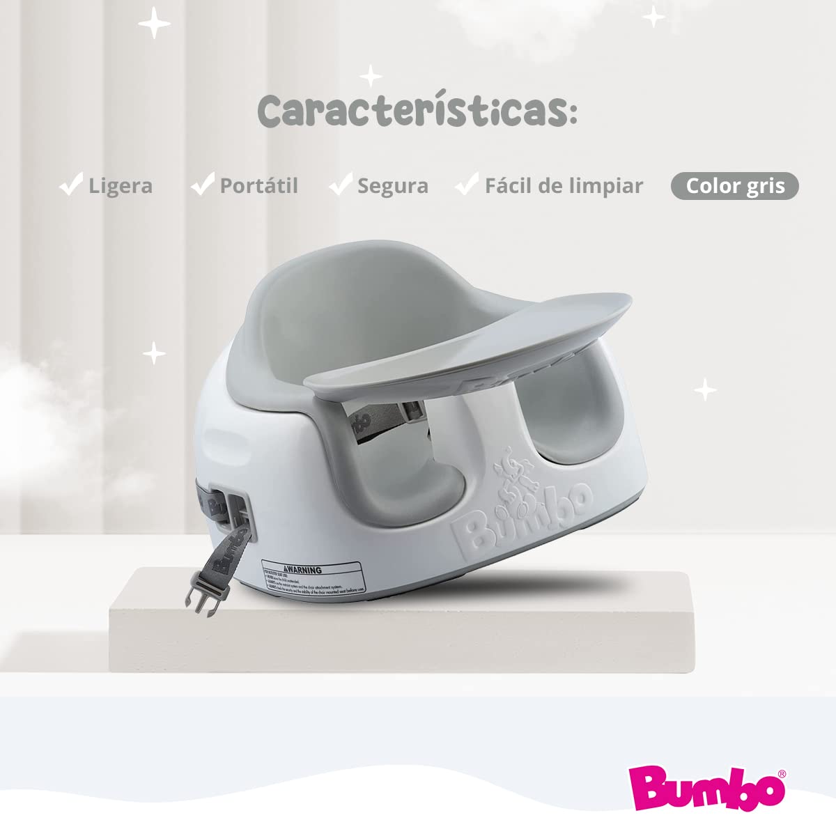 Bumbo Multi Seat - Asiento para Bebé 3 en 1 - Asiento de Suelo, Trona Portátil y Alzador de Silla para Comer - Bandeja Extaíble y Altura Ajustable - Color Gris