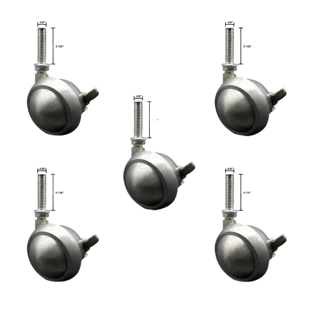 2-1/2 Inch Swivel Metal Ball Caster Wheels for Furniture - Bright Chrome Finish Stem Casters with 3/8 Inch - 16 TPI x 1-1/2 Inch Threaded Stem and Brake - Set of 5 - Service Caster Brand