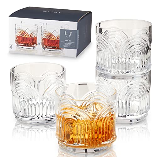 Viski Beau Lowball Tumblers, Set of 4 11oz (325ml) DOF Glasses, Stackable Lead-Free Crystal Barware, Clear