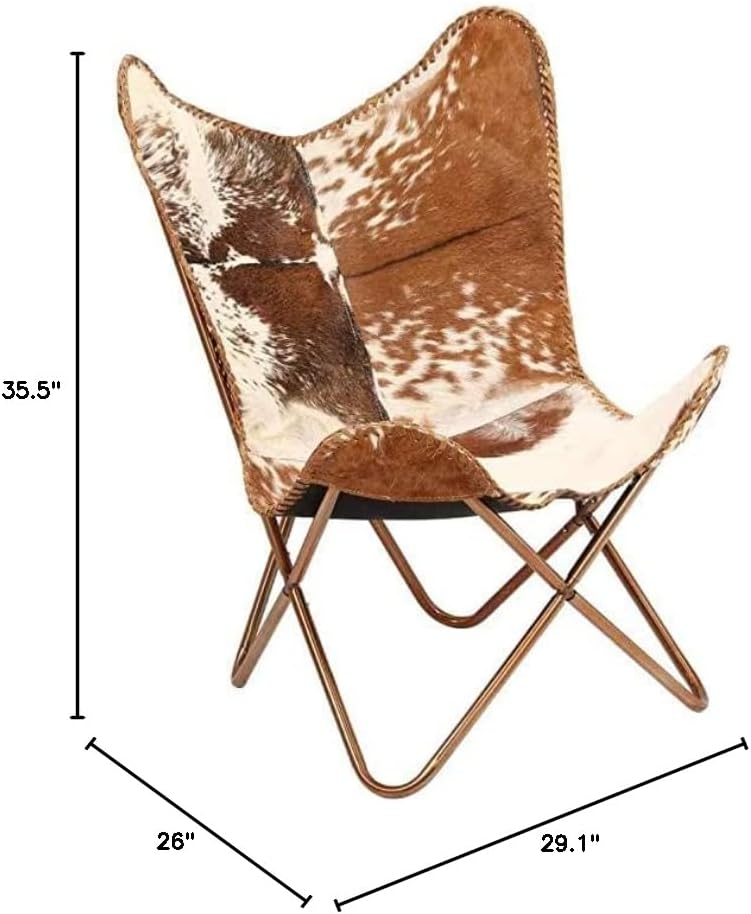 Leather Handmade Butterfly Chair || Powder Coated Folding Iron Frame Vintage Accent Chair || Relaxing with Arms Comfy Small Spaces, Office, Bedroom (Cover with Black Leg, Brown & White)