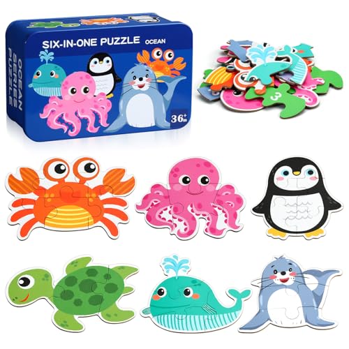 BBLIKE Puzzle 3 Años Juguetes Educativos Montessori, Puzzle Infantil 6 en 1 con Caja de Almacenamiento, Regalo para Niños 1-5 Años Conocer Animales y Automóviles, Juegos Didácticos Preescolar