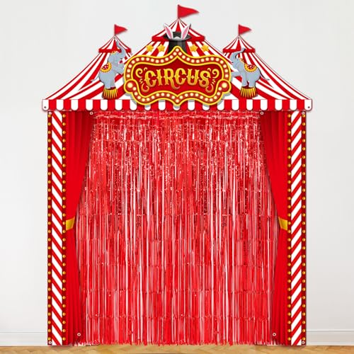 Image of Tingjoo 6 Pcs Carnival Circus Tent Decorations Set Halloween Carnival Decorations Red and White Circus Tent Backdrop Door Cover Banner with Red Tinsel Fringe Curtain Awning Clown Birthday Supplies