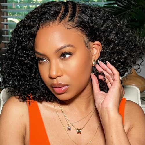 Image of SOEZ 10 Inch Bob Wig Human Hair 13x4 HD Deep Wave Lace Front Wigs Human Hair Natural Black Short Curly Bob Wig Water Wave Human Hair Wig 180% Density Glueless Wet Wavy Wig for Women Pre Plucked