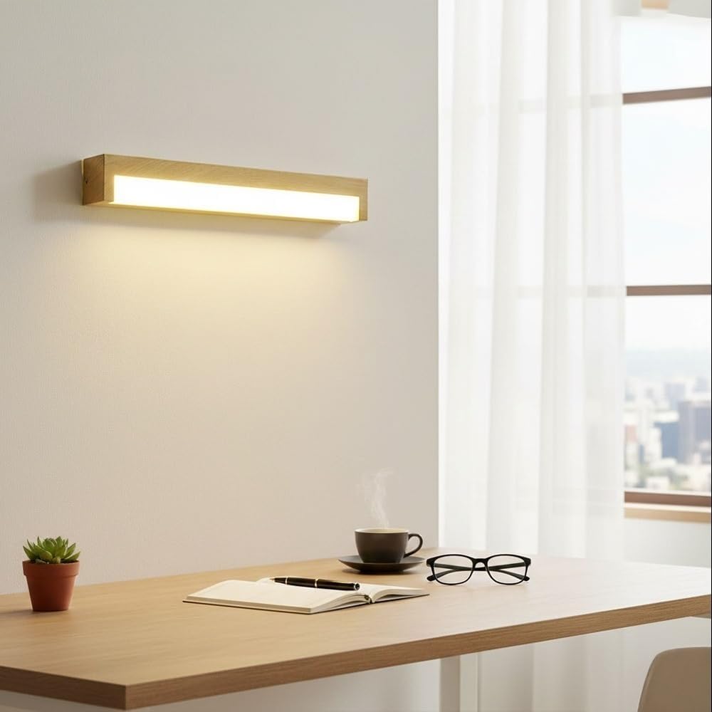 Modern Nordic Wooden Linear LED Wall Sconce,Natural Wood Grain Long Strip Bedside Lamp,Minimalist Rectangular Accent Wall Light Fixture for Bedroom Headboard,Mirror,Hallway Parlor(Beige,Small)