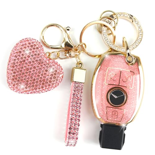 YIKECASE Key Fob Cover with Diamond Keychain Car Key Holder Compatible with Mercedes Benz C E M S CLS CLA GLK GLA GLC GLE AMG Class Protector for Women, 3 Buttons (Pink-Heart)