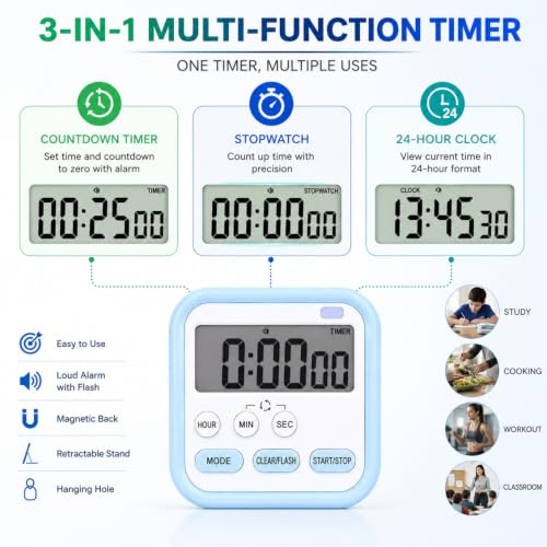 Image of Timer Clock for Study, Stopwatch for Study, Digital Alarm Clock with Large LCD Display, Magnetic Kitchen Timer, Countdown & Stopwatch Timer, Digital Clock for Table, Adjustable Stand (Blue)