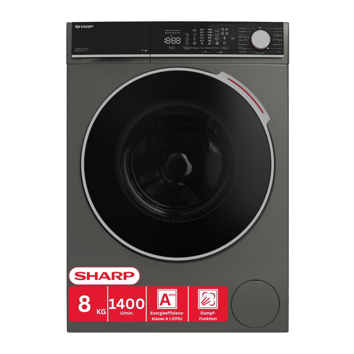 SHARP Waschmaschine ES-WNFL814CADA-DE – Frontlader 8 kg, Energieeffizienzklasse A, 1400 U/min, Advanced Inverter Motor, Super Silent, AquaStop, WiFi App-Steuerung, Dampffunktion, Espresso Gray