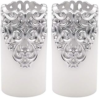 Eldnacele Hollow Vintage Silver Flickering Flameless Candles with 5H Timer, Battery Operated Real Wax Pillar Candle for Wedding Party Home Christmas Decoration, Set of 2