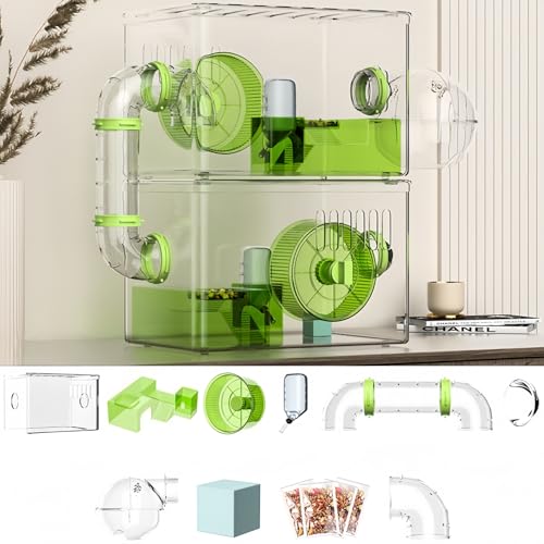 AACV ハムスターケージ 豪華セット DIYデザイン 積み重ね可能 透明トップカバー 防滑キャスター プラットフォームと梯子 水筒 チューブ バスルーム モールド一体型 組み立て不要 二重構造 単層 ペット 日常的な観察 (グリーン,豪華モデル(二重構造