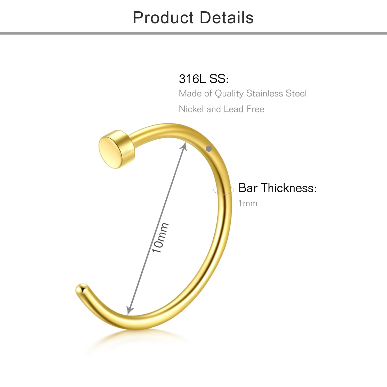 Briana Williams Fake Nariz Anillos Hoop-20G 18G 16G Nariz Aro Anillo 6mm/8mm/10mm/12mm Nariz Piercing Labio Septum Anillo Arete Faux Joyería Piercing del Cuerpo 6 Piezas — view 3