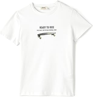 تيشرت للأولاد بطبعة لوح تزلج من كوتون، لسن 7/8 سنوات - لون أبيض