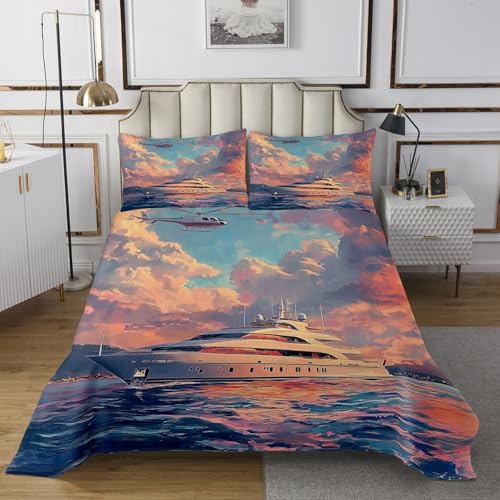 Ship Aircraft Bedspread Twin Size Romantic Coastal Scenery Coverlet Set Kids Bedroom Present Pink Gradual Clouds Decor Bedding Set Nautical Adventure Bedding with 1 Pillowcase
