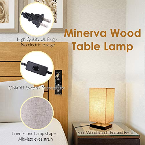 Minerva Wood Table Lamp - Solid Fabric Shade Bedside Desk Lamps for Bedroom, Living Room, Study (Square) - Thumbnail 4