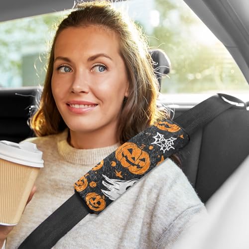 Image of Gothic Funny Halloween Ghost and Pumpkins Seat Belt Cover Pad 2 Pcs Soft Cute Seatbelt Covers Protector Support Head Neck Shoulder Strap for Car Seats High Chair Backpack for Adults Kids Women