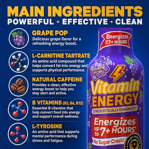 Image of Vitamin Energy Grape Pop Extra Strength Energy Shot, 48 Pack - Up to 7 Hrs, 260mg Natural Caffeine, Zero Sugar - Green Tea Extract, Immune Support, B12 B6 Niacin, 1.93 fl oz, Keto Vegan