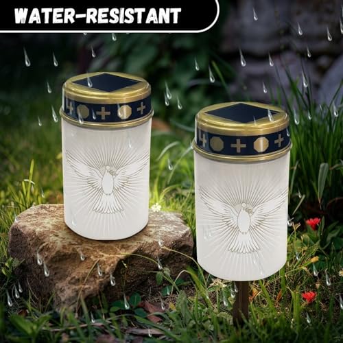 Image of Golden Cross and Peace Dove Solar Memorial Lights for Graves Flameless Candle Lamp Waterproof Solar Powered Light for Prayer Grave Cemetery Garden Decor 2 Pcs
