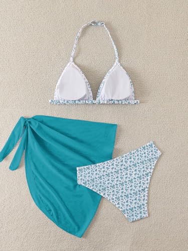 Image of SOLY HUX Girl's Summer Swimsuit Set Floral Halter Triangle Bikini Set with Wrap Skirts Beachwear