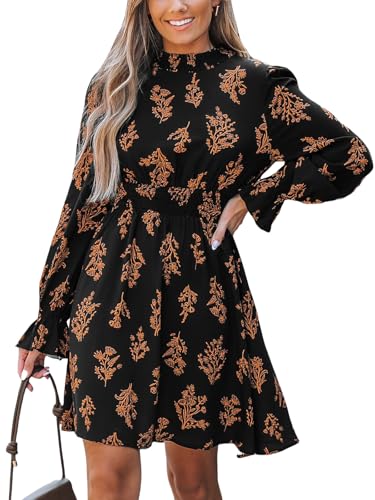 CUPSHE Damen Kleid High Neck Langarm Blumenmuster Kurzes Minikleid Freizeitkleider Party Tunika Dress Schwarz Floral XL